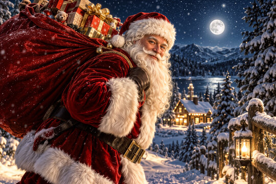 Weihnachtsmann mit Geschenkesack im verschneiten Winterdorf bei Vollmond in der Nacht