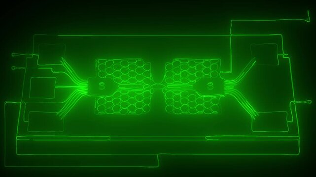 Green neon wireframe animation of electronic circuit board layout