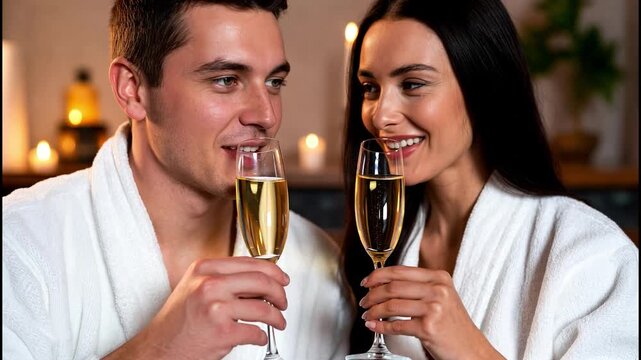 Romantic couple wearing bathrobes toasting with champagne glasses in a cozy spa setting celebrating their anniversary