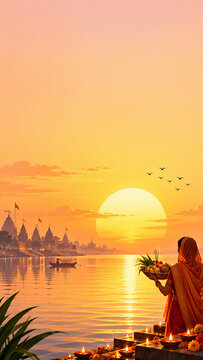 Chhath Puja Vertical Story Background with Woman Offering Soop at Sunrise River and Copy Space