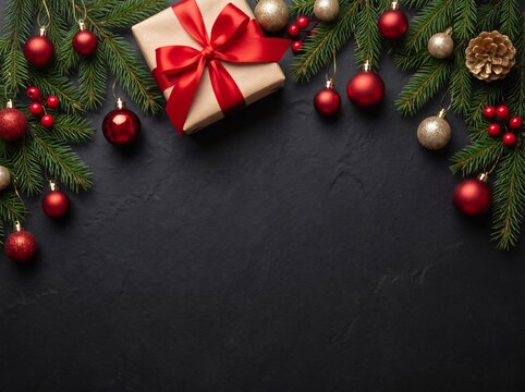 Christmas gift box with red ribbon, baubles, and fir branches arranged on a dark stone background.