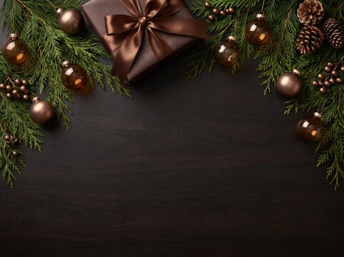 Elegant Christmas background with brown gift box, fir branches, ornaments, and pine cones on dark wood, festive holiday concept