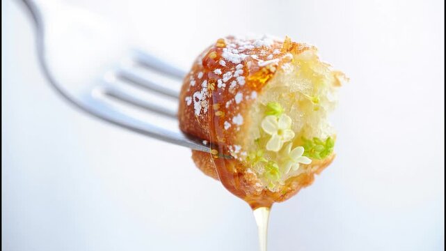 Honey dripping from a piece of elderflower fritter with powdered sugar on a fork isolated on a white background