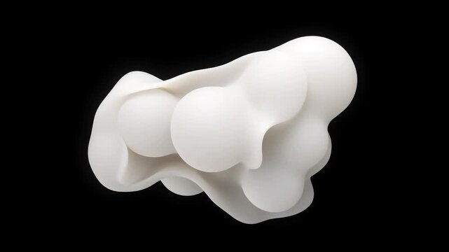 Abstract white organic shape morphing and evolving on a black background, fluid metaball digital animation