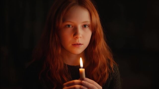 Red haired girl holding a glowing candle in the dark, looking into the camera with a sense of wonder and hope