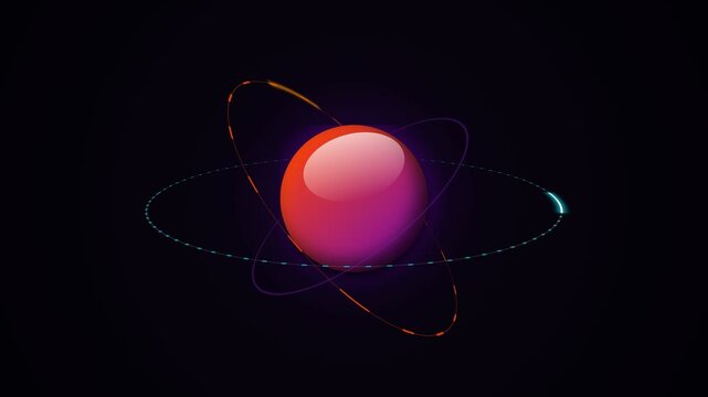 Looping animated atom icon with glowing nucleus and orbiting electron rings on dark background.