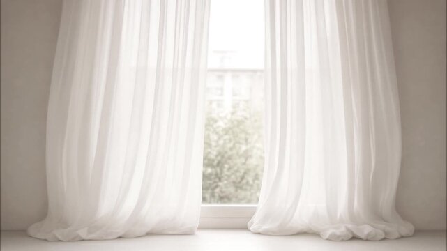 White transparent curtains blowing in the wind revealing a window with a view on a green tree in a bright room