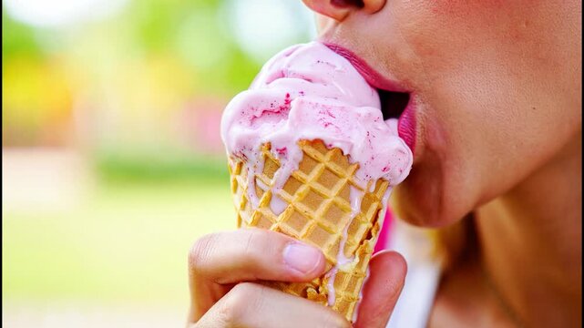 Woman enjoying a melting strawberry ice cream cone in a waffle cone on a hot summer day in a park, close up on mouth