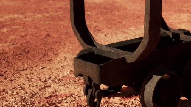 Old industrial mine cart made of dark metal rests on dry reddish soil during a sunny day in a mining field to show transport tools used for moving heavy rocks or materials out of underground tunnels
