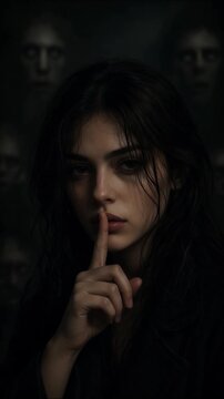 Mysterious beautiful woman gesturing for silence with a shushing finger on her lips, hiding a dark secret among shadows