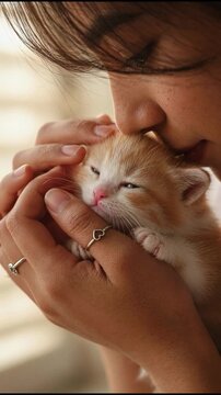 Close up of a caring young woman holding and kissing a tiny, adorable ginger kitten. The sleepy newborn pet enjoys the warm human touch