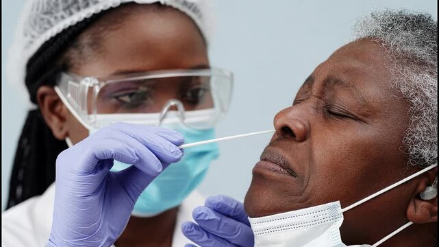 African american nurse performing a nasal swab covid test on an uncomfortable senior patient in a medical clinic