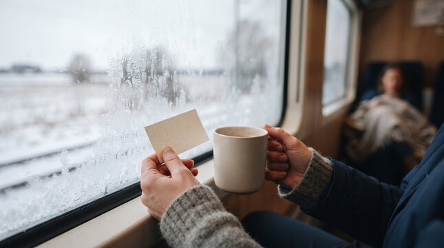 Person holding train ticket and warm coffee mug while traveling