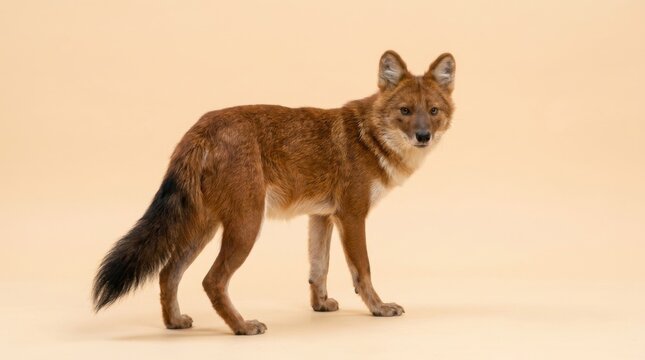 A solitary dhole, also known as the Asiatic wild dog, stands alert against a plain background.