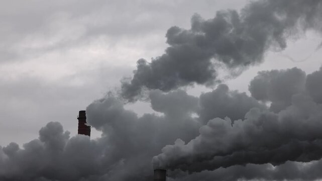 Pollution, industry, smoke pouring out of a factory chimney, Lenzing, Upper Austria, Austria