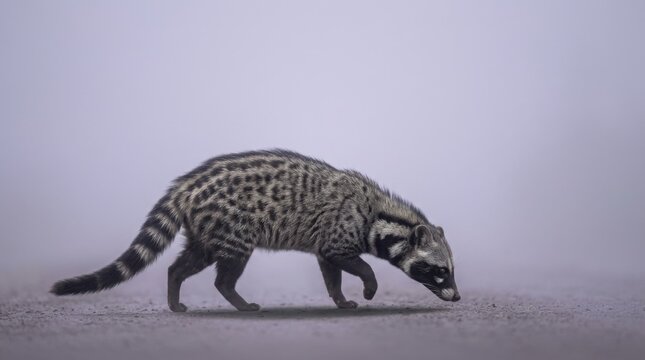 A civet cat walks cautiously in a misty environment.