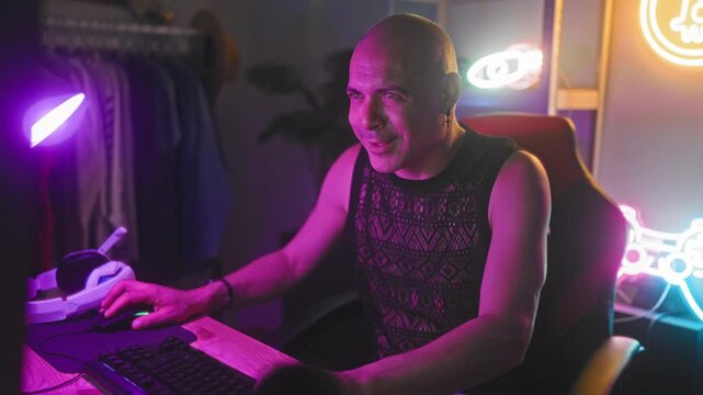 Man making finger guns while leaning back in a gaming chair at keyboard in studio; celebration triumph.