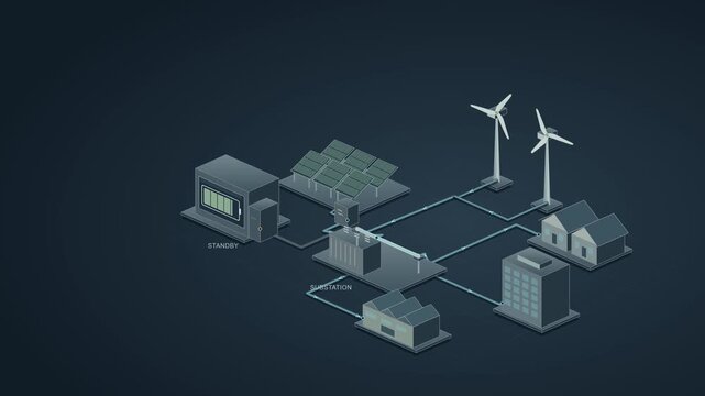 Smart Grid Load Balancing With Solar Wind and Battery Storage Animation 4K isometric smart grid animation showing solar and wind generation supplying three consumer load groups through an electrical s