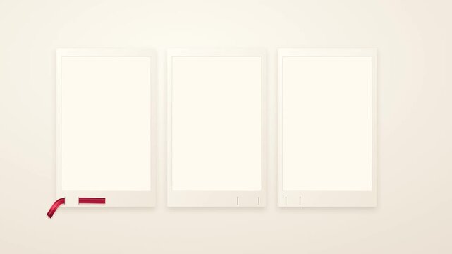 Red Satin Ribbon Weaving Through Blank Greeting Cards and Forming Bow Elegant 4K motion graphics animation of a crimson red satin ribbon weaving through three blank cream greeting card windows