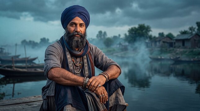 Cinematic portrait of a turbaned bearded man seated beside a misty rural waterside