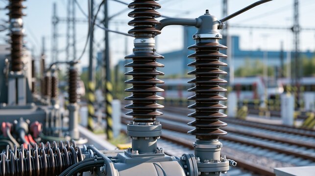 Close-up of Electrical Insulators and Power Lines at a Railway Substation