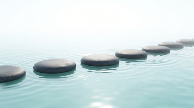 Dark gray round stones rest in a shallow clear pool of water, creating a peaceful and meditative path that stretches toward a bright light in the distance during a quiet morning moment of reflection