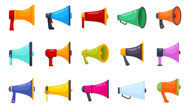 Megaphone vector set with loudspeaker bullhorn and announcement symbols