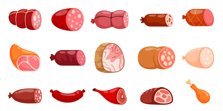 Meat and sausage vector set with ham steak bacon salami and bratwurst