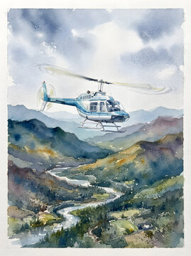 Watercolor painting of a helicopter flying over mountain valleys