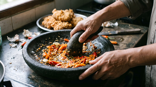 Fresh red chili and garlic sambal being crushed in a stone mortar for Indonesian ayam geprek. Ideal for recipe articles, cooking tutorials, culinary education, and food campaign content.