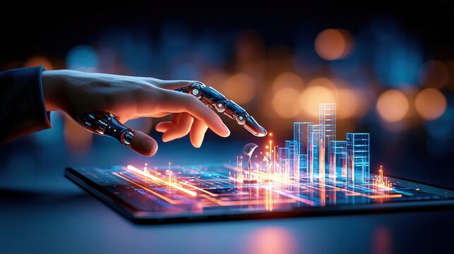 Futuristic robotic hand interacting with holographic cityscape on a digital tablet, representing AI and smart city technology