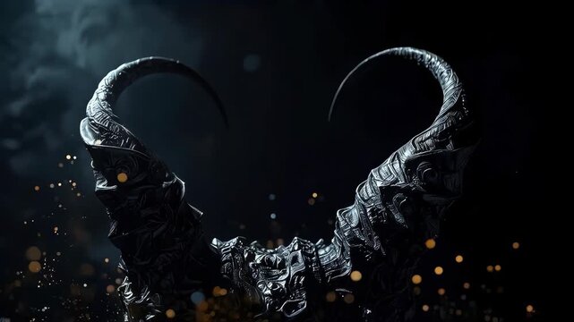 Dark Fantasy Demon Creature with Curled Horns, Black Armor, and Glowing Ember Particles