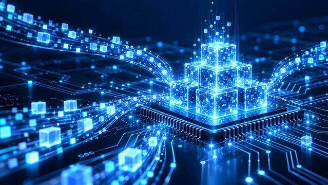 High speed streams of glowing blue data cubes converging into structured blocks on central microchip for big data processing and aggregation