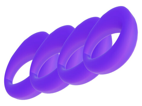 Abstract 3d render of four interconnected purple torus rings arranged in a diagonal row, isolated on white background