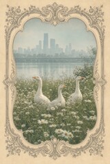 Naklejka premium Three geese in a wildflower meadow with city skyline