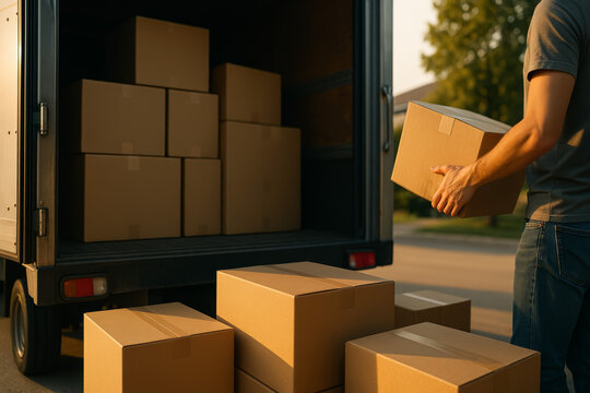 Person loading cardboard boxes into an open delivery truck