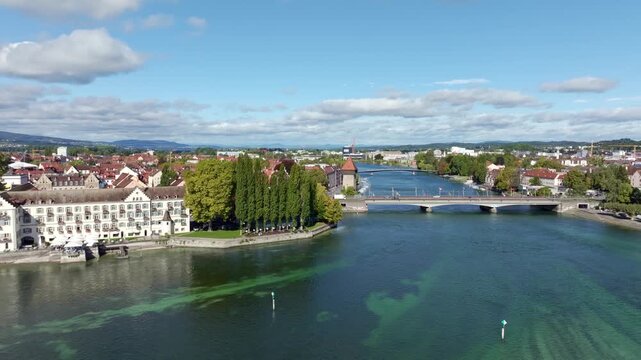 Aerial view of the Seerhein including the Rhine funnel with the old Rhine bridge, where the Rhine officially begins at kilometre zero, on the left the historic Rhine gate tower, built around 1200 AD