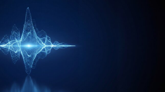 Abstract glowing blue sound wave, digital equalizer, audio spectrum visualization, electronic music pulse, data stream, science technology concept