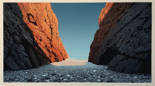 Stylized desert canyon with reddish orange rock walls opening to a pale horizon and blue sky above a rock strewn path, dramatic landscape for poster and banner