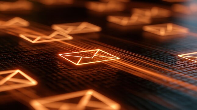 Digital communication network concept with glowing email icons flowing on a dark, futuristic background