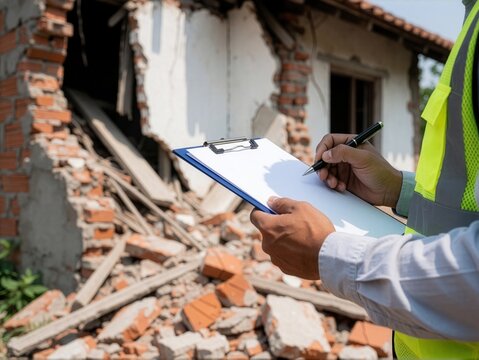 A structural engineer evaluates the severe damage to a dilapidated house using a clipboard and pen.