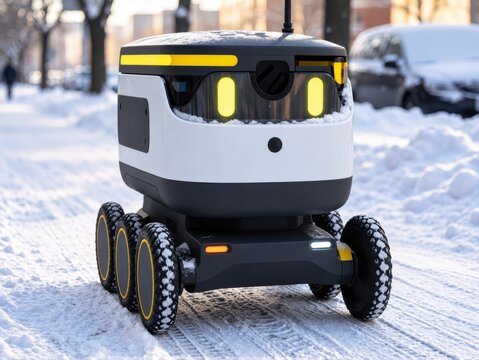A small autonomous delivery robot with glowing eyes driving across a snow covered urban sidewalk.