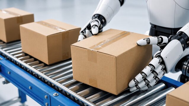 A sophisticated robotic arm handles cardboard packages on an industrial conveyor belt system.