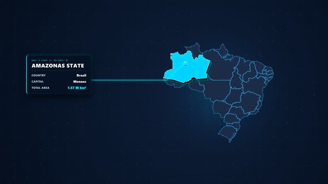 Amazonas State Brazil 3D map interface animation with location telemetry callout to enhance geographic data presentations and reports.   