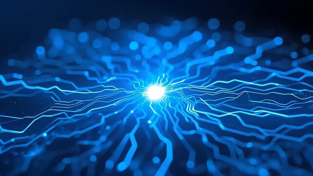 Blue Digital Circuit Board With Glowing Microchip, Advanced Technology Network
