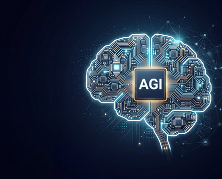 Artificial general intelligence AGI concept with glowing electronic circuit brain illustration