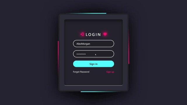 Neumorphic login interface animation with neon glowing borders and user data input for mobile app.