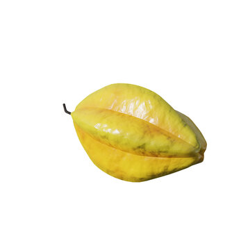 A single ripe yellow starfruit isolated on a clean white background.