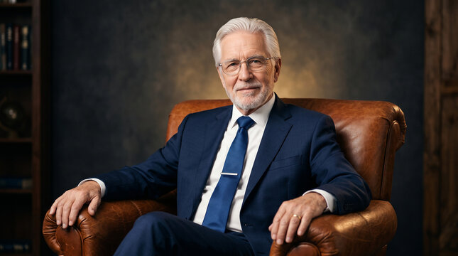 Confident businessman seated in leather chair, see no evil, hear no evil, speak no evil perfect for authority success and mature leadership concepts