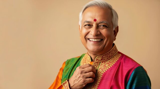 Joyful Senior in Traditional Attire: A beaming elderly man with white hair and a radiant smile wears a vibrant, colorful traditional garment, adorned with a bindi on his forehead.